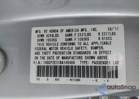 2011 Honda Accord 2.4 Lx z USA, uszkodzony, nr VIN 1HGCP2E31BA149488